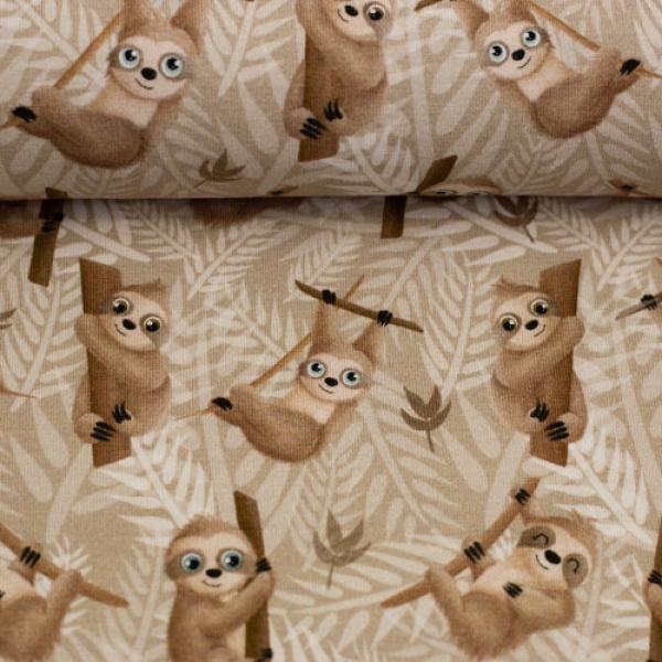 Baumwolljersey Lazy Jungle Faultier Camel by Mrs. Mint Design von Swafing